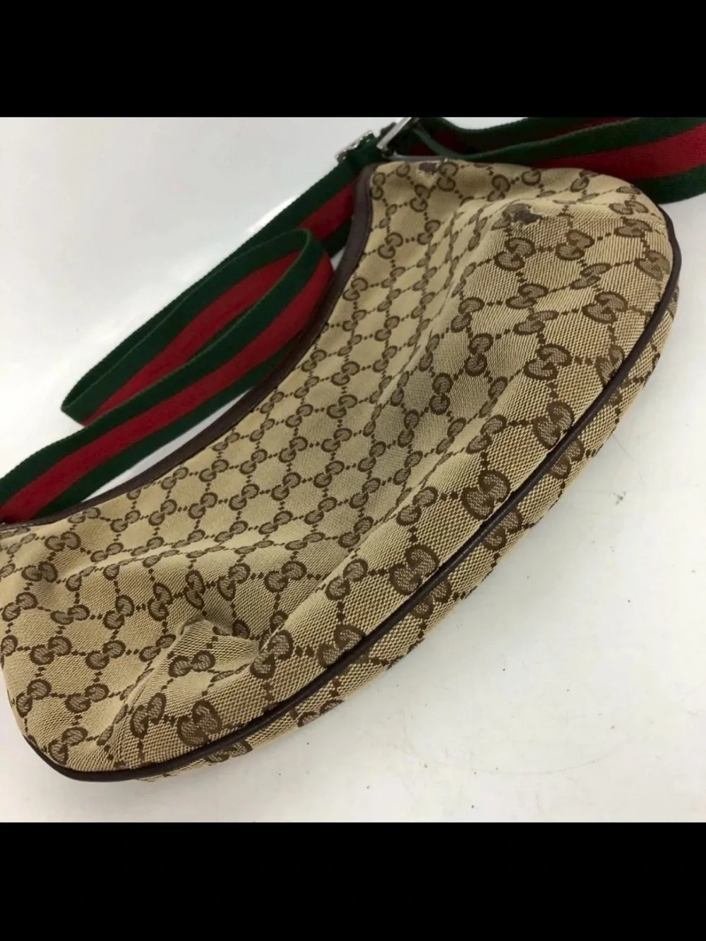 Gucci Beige Brown GG Monogram Crescent Bag with Green/Red Strap